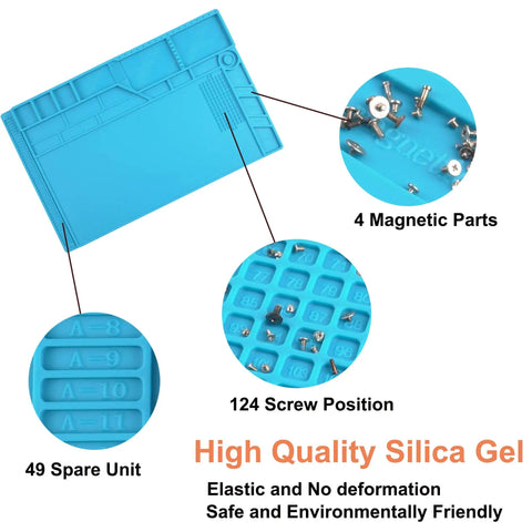 Must-Have All In One Silicone Soldering Mat Kit with labeled screw positions and magnetic areas, blue repair pad MAT-180-K.