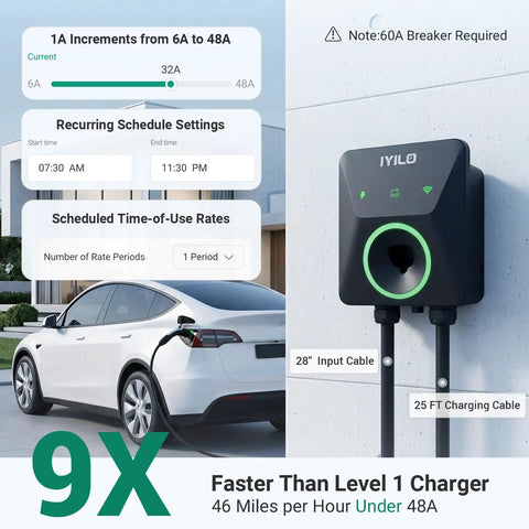 Level 2 EV Charger 48A 11.5KW 240V For Home Use, Fast 46 Mile Per Hour Charge, Adjustable 6-48A, Hardwired Install, UL ETL Energy Star Certified, 60A Breaker Required, Compatible With Most EVs, wall-mounted with 25ft cable