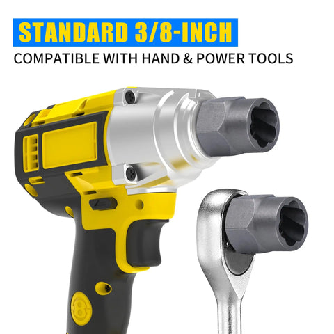 Standard 3/8-inch attachment on power tool showing compatibility with 12 Piece Screw Extractor Set Easy Out Kit With Storage Case.