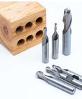Six-piece HSS ball-end mill set, two-flute, sizes 1/8–1/2 in, in wooden block holder, Amazon