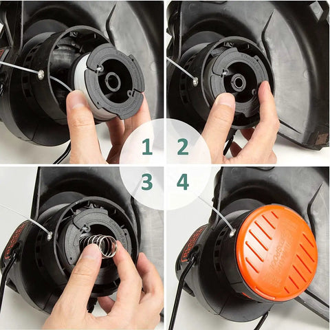 Installation steps for 10 Pack AF100 Replacement Spool Line For Black Decker 0.065 Inch 30 Ft Autofeed Weed Eater with spools, caps, and springs.