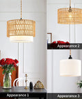 Super Chic Handwoven Rattan Plug In Pendant Light With Nifty Inline Dimmer And Removable Double Drum Shades For Low Key Cool Boho Kitchen Island Home Decor Flex in three shade styles.