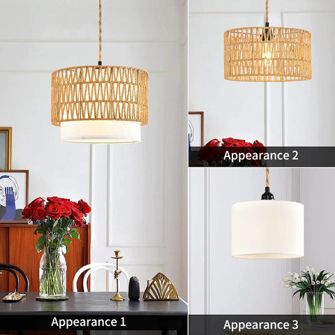 Super Chic Handwoven Rattan Plug In Pendant Light With Nifty Inline Dimmer And Removable Double Drum Shades For Low Key Cool Boho Kitchen Island Home Decor Flex in three shade styles.