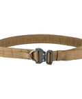 Top Tier Tactical Gun Belt With Badass Cobra Buckle And Integrated D Ring For Quick Draw Carry Dual Row Micro Molle Panels Meet Mil Spec Webbing In Coyote Brown Large Size, side view.