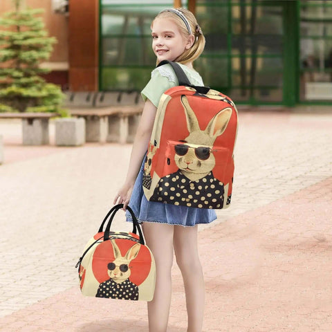 Child wearing Rabbit Sunglass Moon Backpack With Insulated Cooler Lunch Box, featuring colorful rabbit design.