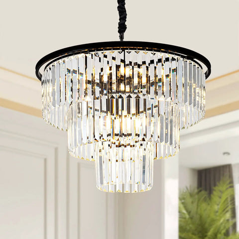 Lit 12 Light Crystal Chandelier, 23.64 Inch Black Three Tier Pendant Ceiling Light Fixture in interior room setting.