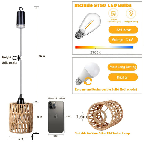 Totally Cordless Boho Rattan Battery Chandelier With A Super Chill Warm White Glow, Handwoven Hanging Pendant Light For Decks Patios Gazebos Or Cozy Indoors, Works Great On 4Aa Batteries Set Of Two, size comparison with phone.