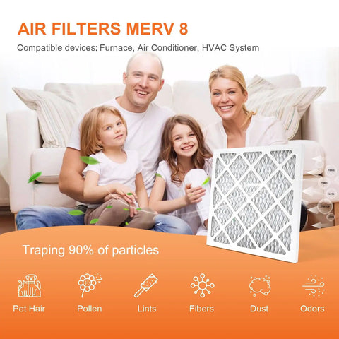 Family with air filter promoting 4 Pack 14x14x1 Air Filters MERV 8 Pleated For HVAC AC Furnace Home Office