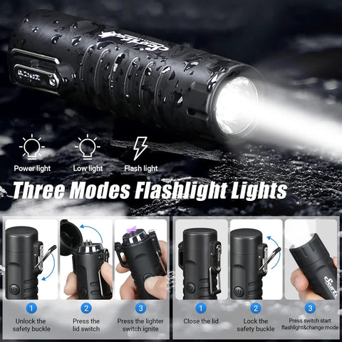 Three light modes of Windproof Plasma Arc Lighter And LED Flashlight 2 In 1 for camping, hiking, and emergencies shown visually.