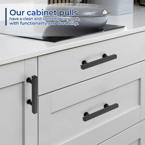 10 Pack Matte Black 3 Inch Hole Center Cabinet Handles Stainless Steel Square Dresser Pulls on white kitchen cabinets
