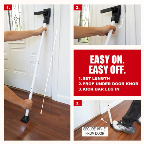 Person installing 3 In 1 Door Security Bar And Barricade For Home Apartment Or Travel, Beefed Up Heavy Duty Adjustable Iron Lock Bar