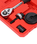 Beefy Heavy Duty Manual Punch Kit With Ratchet For Sheet Metal in red case, showing ratchet and punch components neatly arranged.