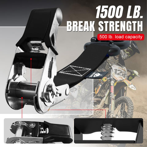 Heavy Duty Ratchet Tie Down Straps Set 1500 Lb Break Strength with metal ratchet, nylon strap, 1 inch by 15 foot, black.