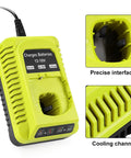 18V Ryobi Replacement Charger For P100 P102 P103 P105 P107 P108 P117 P118 And 18V MAX One Plus Batteries showing precise interface and cooling channel