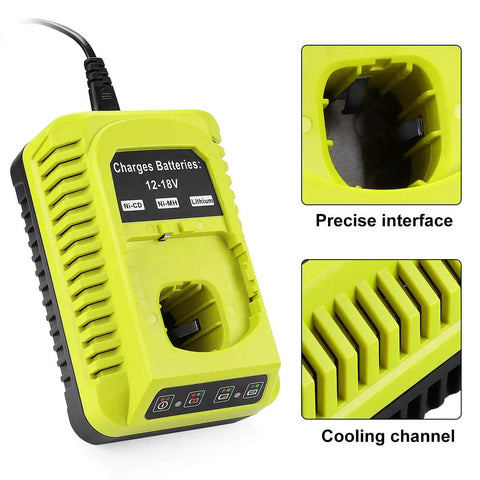 18V Ryobi Replacement Charger For P100 P102 P103 P105 P107 P108 P117 P118 And 18V MAX One Plus Batteries showing precise interface and cooling channel