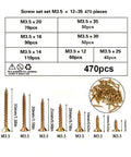 470 Piece M3.5 Zinc Plated Phillips Flat Head Wood Screw Assortment Kit With Seven Lengths, Self Tapping Fasteners For DIY Projects, Handy Box Of Phillips Drive Wood Screws For Furniture And Deck Repairs, M3.5 sizes 12-35mm