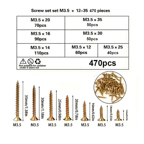 470 Piece M3.5 Zinc Plated Phillips Flat Head Wood Screw Assortment Kit With Seven Lengths, Self Tapping Fasteners For DIY Projects, Handy Box Of Phillips Drive Wood Screws For Furniture And Deck Repairs, M3.5 sizes 12-35mm