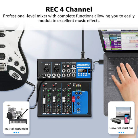 4 Channel USB Audio Interface Mixer With Built In Bluetooth MP3 Player And 48V Phantom Power shown with laptop and guitar