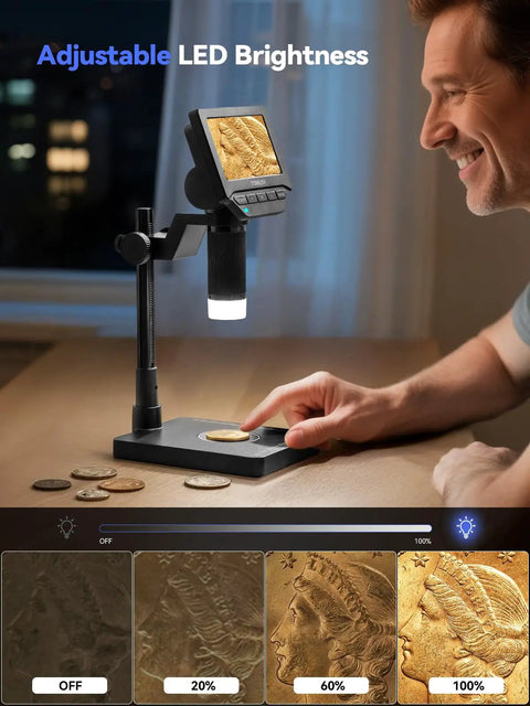 4.3 Inch Digital Coin Microscope with Built In Scale and Illuminated Magnifier in use by a person on a desk, showing LED brightness settings.