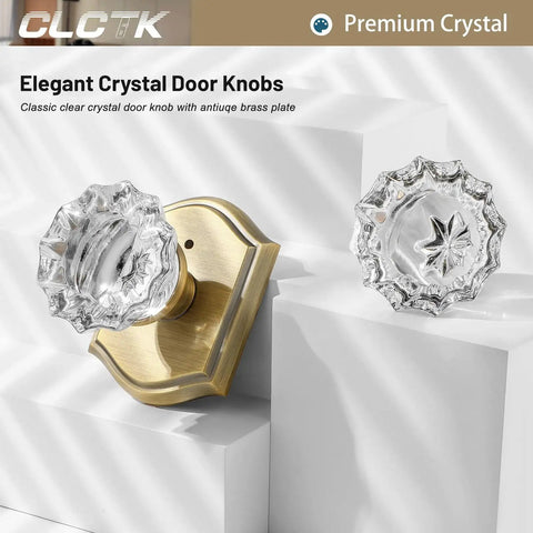 Interior Glass Door Knobs With Privacy Lock, Old School Vintage Crystal Hardware In Antique Brass Finish For Bedroom And Bathroom, Push Button Inside Lock, Keyless Outside Access, 1 Pack displayed with elegant crystal detail and brass plate.