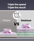 Image comparing folded shirts by Others vs Neakasa using Magic 1 Vacuum Steamer For Clothes With 2300Pa Fabric Grip One Handed Operation.