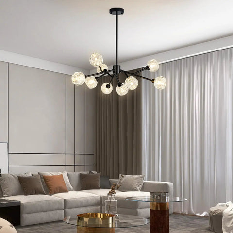 Sputnik Style Black Crystal Chandelier For Dining Room Over Table 9 Light Modern Pendant Lighting Fixture in living room setting.