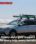 Solid As Hell Heavy Duty Roof Rack Crossbars Pair 68 Inch Long For Suv And Truck Cargo Hauling with surfboards on a vehicle roof.