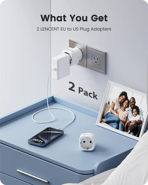 2 Pack Europe To US Plug Adapter Travel Converter for Europe to USA outlets with phone charging on desk