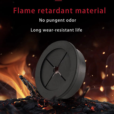 One And Three Quarter Inch Cable Grommet Five Pack Flexible Rubber Wire Hole Plugs For Industrial Control Panels And UPS Enclosures Black 45 Millimeter Diameter shown on blackened surface with flame retardant material description.