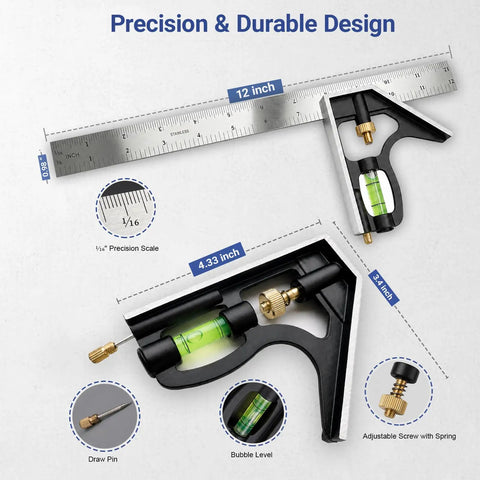 Job Site Ready 12 Inch Combination Square And Adjustable Carpenter Square With Heavy Duty Stainless Steel Blade, Cast Aluminum Head, Integrated Bubble Level And Scriber, True Zero Straight Shooting 90 And 45 Degree Layout Tool For Master Craftsman with precision scale and bubble level.