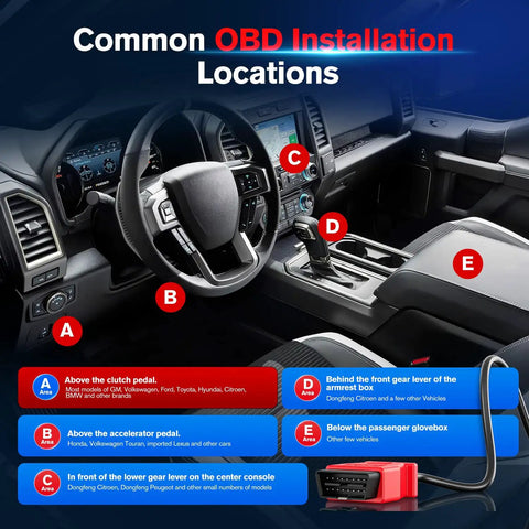 OBD installation locations in vehicle interior with OBD 2 Extension Cable 10ft 3M Ultra Long 16 Pin OBD II Male To Female