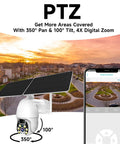 Outdoor 4G LTE Solar Security Camera With 1080P Spotlight Color Night Vision, PTZ Control displaying coverage area on smartphone.