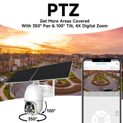 Outdoor 4G LTE Solar Security Camera With 1080P Spotlight Color Night Vision, PTZ Control displaying coverage area on smartphone.
