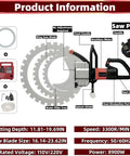 Big Iron 8900W Ring Concrete Saw with Diamond Blades features saw specs, blade sizes, and water filter for granite cutting.