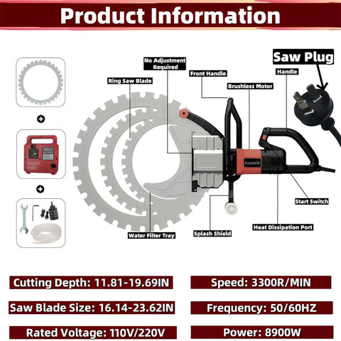 Heavy Duty Electric Concrete Ring Saw With Beefy 8900W Brushless Motor And Knockout Performance For Silky Smooth Granite Cutting And Masonry Slotting At 3300 RPM On 110V close-up product information image showing blade, motor, and features.