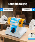 Heavy Duty Top Notch 320W Variable Speed Bench Polisher Built Like A Tank For Jewelry Crafters And Weekend Warriors Featuring Knockout RPM And Sweet Cooling Vents, showing front view with adjustable speed knob.