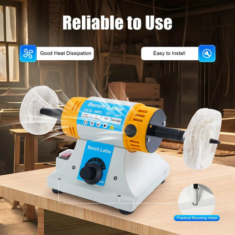 Heavy Duty Top Notch 320W Variable Speed Bench Polisher Built Like A Tank For Jewelry Crafters And Weekend Warriors Featuring Knockout RPM And Sweet Cooling Vents, showing front view with adjustable speed knob.