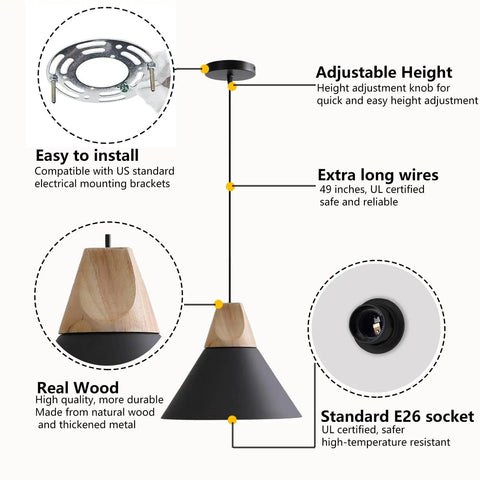 Diagram of Solid Wood Matte Black Pendant Lights Three Pack, showing installation details and features for kitchen use.