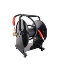 Beefy Heavy Duty Portable Hose Reel For 5000 PSI High Pressure Power Washers And Sewer Jetters with steel construction and black powder coat