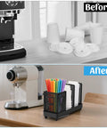 Before and after showing Go To Heavy Duty Coffee Cup Dispenser With Straws Holder And Lid Organizer For Countertop in use
