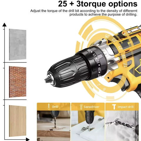 Heavy Duty Workhorse 20V Cordless Drill And Driver Tool Kit With 10Mm Keyless Chuck showing adjustable torque settings and drill bit.