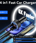 Four Port Car Charger With Voltmeter 78W Fast Charge USB C And USB A Hub plugged in, charging a smartphone.