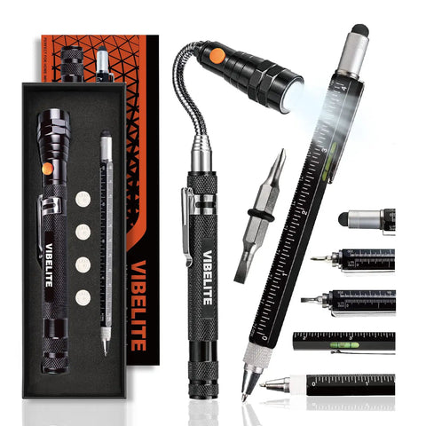 Magnetic Pickup Tool And 6 In 1 Multitool Pen with LED light, stylus, ruler, bubble level, screwdrivers, pen; 2 pack gift set for dad