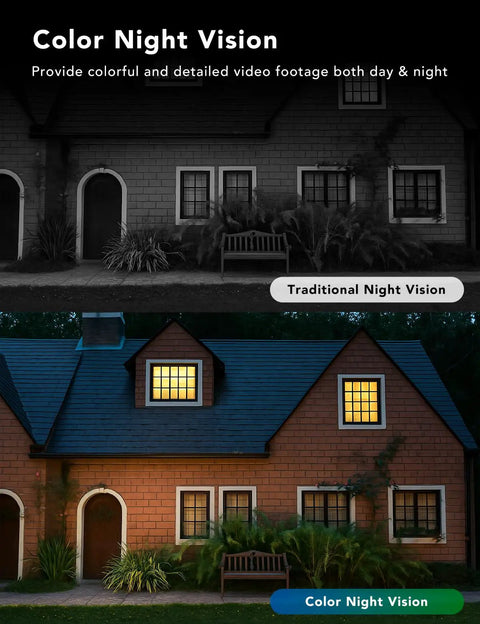 Comparison of traditional and color night vision using 2K Wired Security Camera For Indoor And Outdoor Use With IP65 Weatherproof.