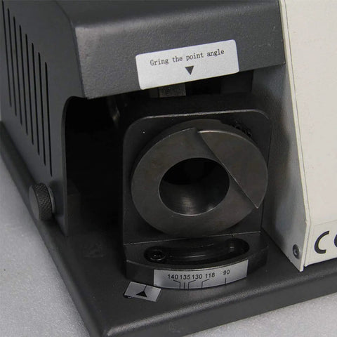 Close-up of Portable Drill Bit Sharpener with 11 Collets for 3 to 13mm Bits, showing angle adjustment and grinding wheel mechanism.