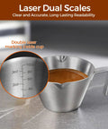 Two Pack Stainless Steel Espresso Cups With Handle, Double Spout Measuring Cup With Dual Scale, V Shaped Mouth, 3.4oz 100ml, interior view with laser scale