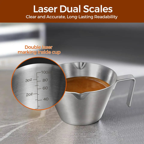 Two Pack Stainless Steel Espresso Cups With Handle, Double Spout Measuring Cup With Dual Scale, V Shaped Mouth, 3.4oz 100ml, interior view with laser scale