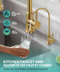 Slick Brushed Gold Kitchen Faucet With Pull Down Sprayer And Reverse Osmosis Drinking Water Tap Stainless Steel single handle, 360° swivel operation.