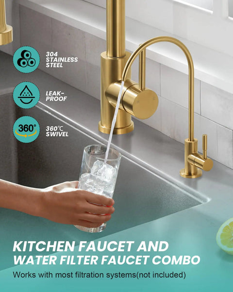 Slick Brushed Gold Kitchen Faucet With Pull Down Sprayer And Reverse Osmosis Drinking Water Tap Stainless Steel single handle, 360° swivel operation.