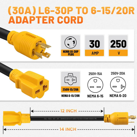 Heavy Duty Heft No Sweat Setup Nema L6-30P To L6-20R Locking Adapter Cord, 30A 250V Male To 20A Female Plug, 12 inch black cable